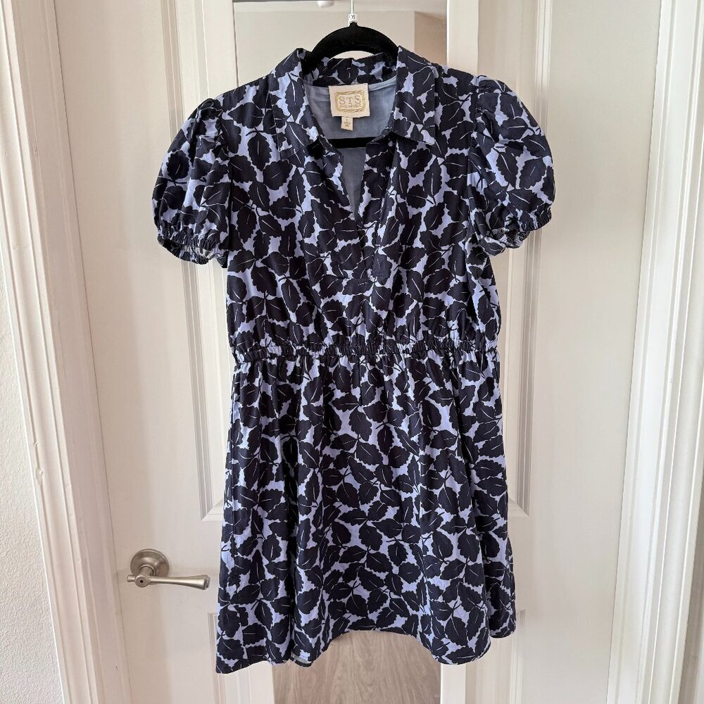 Sail to Sable Autumn Leaf Print Puff Sleeve Shirt Dress - Hydrangea/Navy Size L - Picture 2 of 6